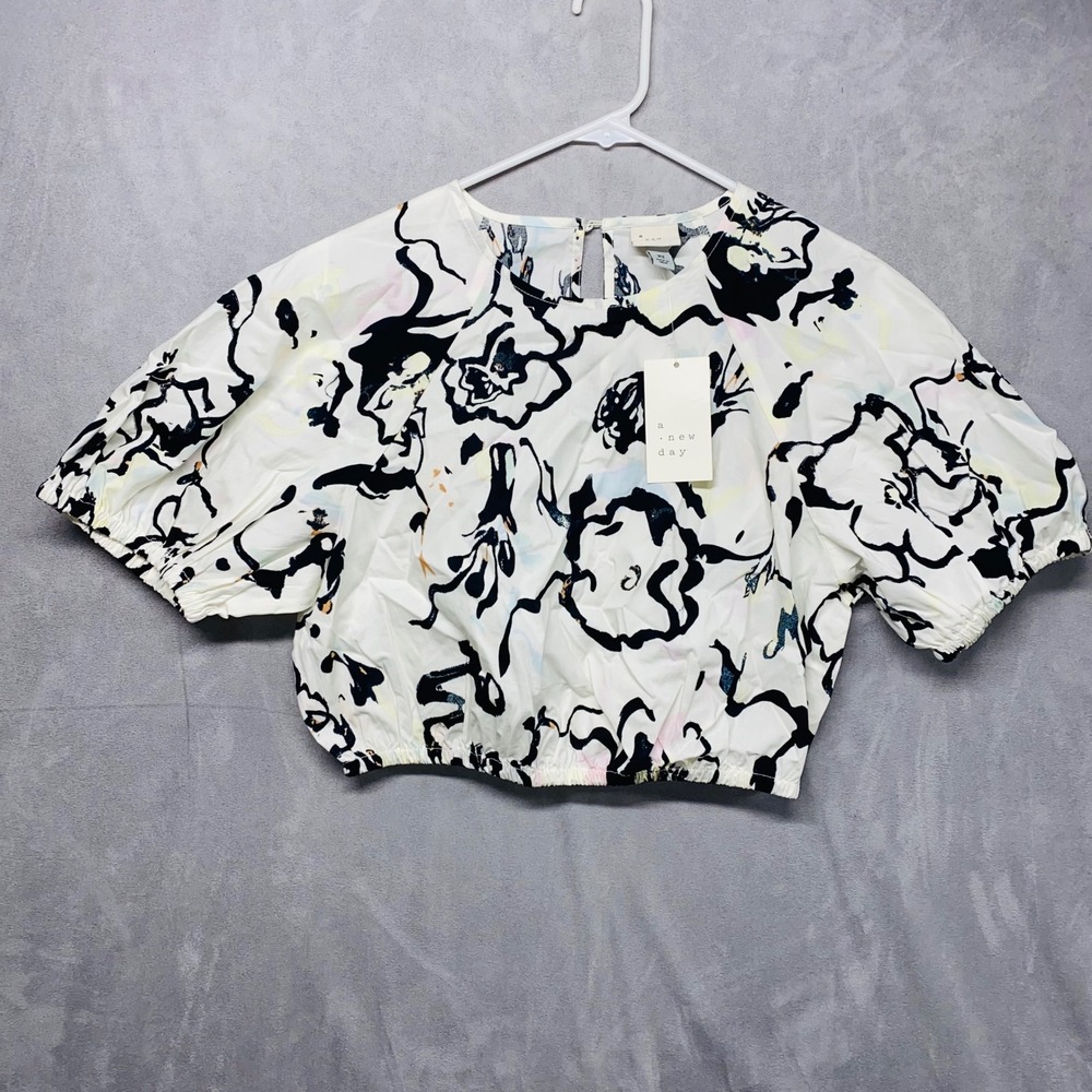 A New Day White Black Abstract Floral Print Puff Sleeve Cropped‎ Top XS
